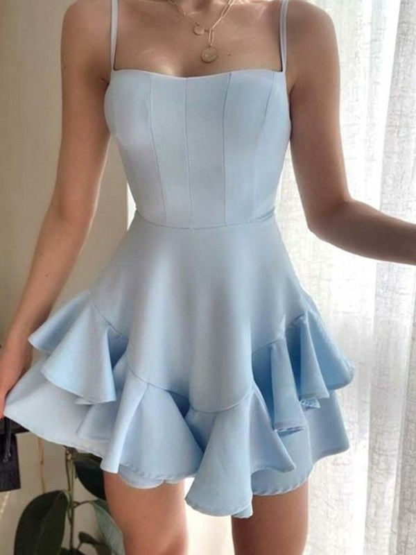 Vestidos cortos/mini sin mangas con tirantes finos, de crepé elástico y corte princesa con volantes